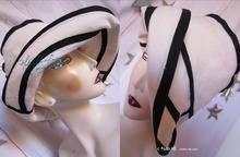 summer elegant hat, retro side women, 58-59/L, black and sand white, cotton and linen, ceremony