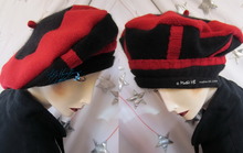 Béret bonnet rouge et noir, tricot laine feutrée, M-L
