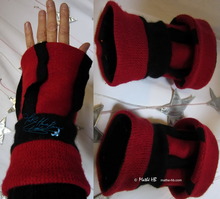 manchettes, chauffe-poignets, rouge et noir, tricot laine feutrée, automne-hiver