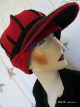 winter cap, black and red, recycled knitting wool
