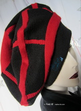 winter beret, black and red recycled knitting wool, unisex 