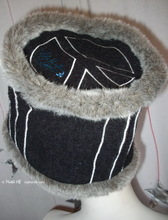 hat, peace and love, M, dark grey wool, mouse grey faux fur, winter