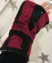 wristbands, mouse-black wool and fushia-red knitted