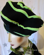 winter beret, apple green spiral and black, felted wool