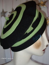 beret, apple green recycled knitted and black wool, winter autumn hat