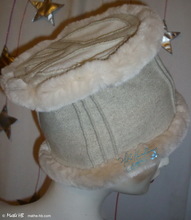 "peace and love" winter hat, S, white-cream wool, sand-white faux-fur, party, night
