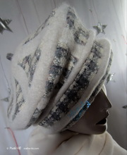 beret, squares white-cream & gray-blue wool, L-XL