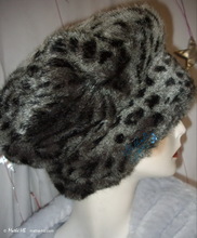 beret, black and grey, leopard-beret faux-fur, S-M, winter-hat