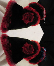 wristbands, pompon wristarmers, black and red plum faux-fur