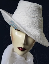 hat, white-cotton vintage-boutis embroidery-relief, retro-woman-hat, L