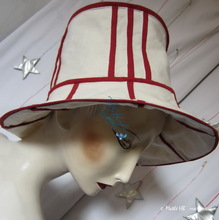 summer hat, sand-white and carmin-red cotton-linen, XL 