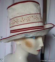 summer hat, beige-sand and carmine-embroidery cotton-linen