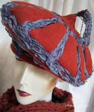 winter hat, red-brick & gray-blue, style Mongolian