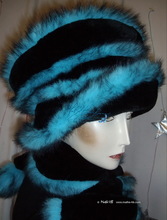 Hat, retro-futuristic, faux fur, black-turquoise  
