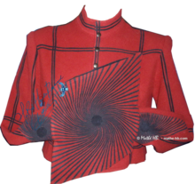 veste spencer asymétrique, pièce de collection, laine rouge et nuit