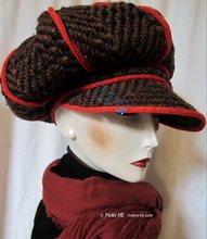 winter cap, brown black chocolate wool and red knitting, unisex M-L