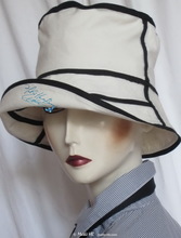 summer hat, white sand and black linen cotton, S
