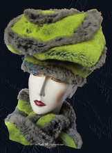 Hat, flash green yellow and grey faux-fur, winter