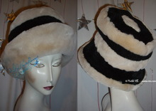 retro style winter hat, M, black and cream faux fur